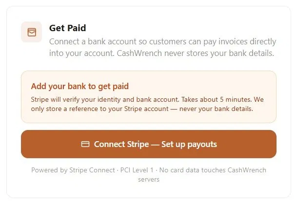CashWrench Get Paid card showing the Add your bank to get paid button before connecting a Stripe account