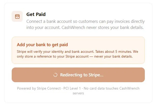 CashWrench Get Paid card after Stripe onboarding is complete, showing the connected state with payouts enabled
