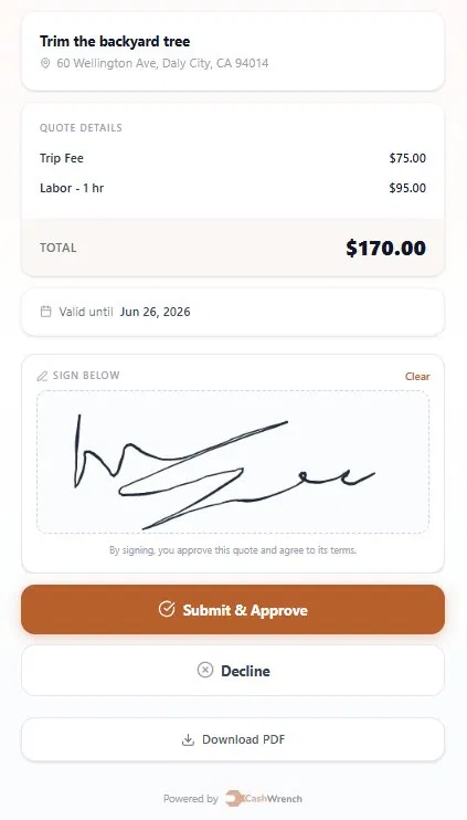 The CashWrench customer signing screen showing the signature pad, the approval statement confirming the customer approves the quote and agrees to its terms, and the Submit and Approve button