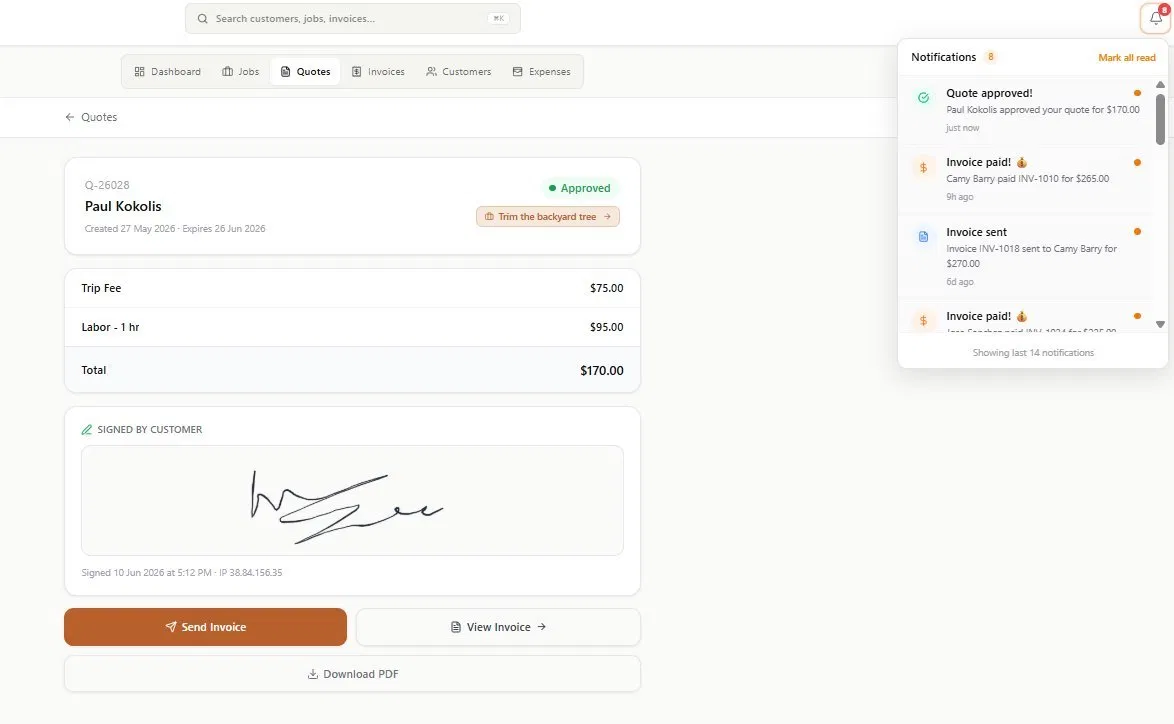 The CashWrench contractor dashboard quote record showing the Approved badge, the stored customer signature image, the signed timestamp, and the customer IP address retained on the job record