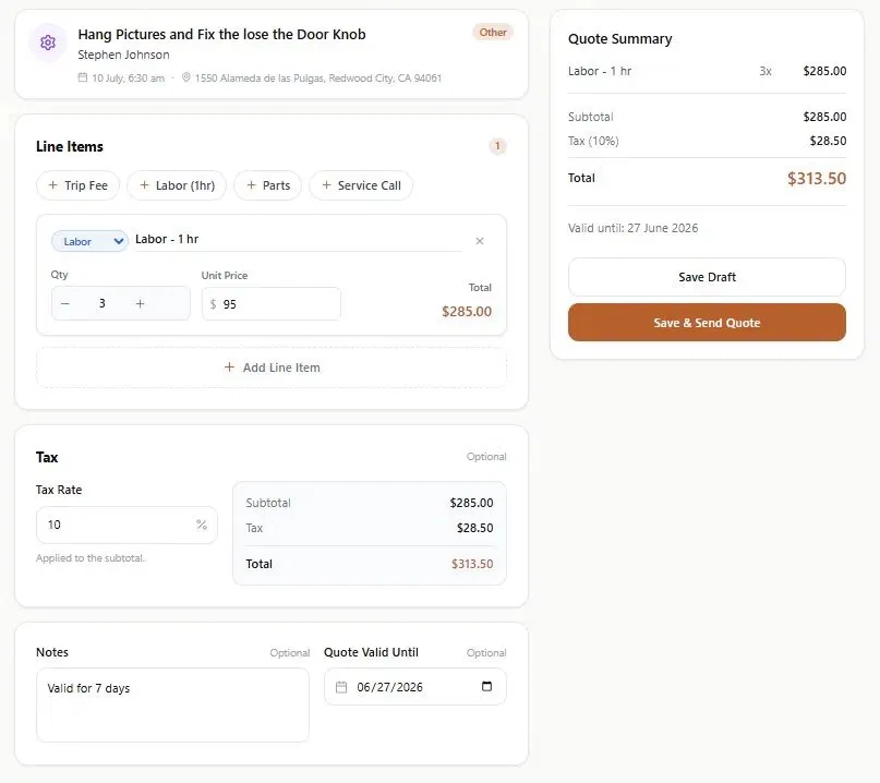 CashWrench quote for Hang Pictures and Fix the Loose Door Knob showing a Labor line item at 3 hours, Subtotal $285.00, Tax (10%) $28.50, and Total $313.50 in the Quote Summary panel
