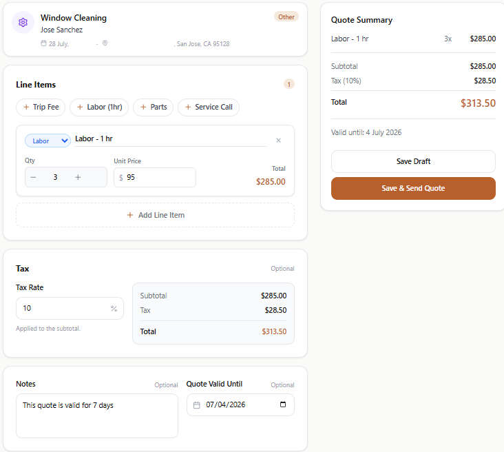 A CashWrench quote for a window cleaning job showing a labour line item with a quantity of three at $95 per hour, a tax section with a 10 percent rate applied to the subtotal, and a notes field beside the quote valid until date