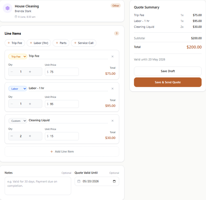 A CashWrench quote for a house cleaning job showing three separate line items, a trip fee of $75, one hour of labour at $95, and two units of cleaning liquid at $15, with a quote summary panel listing a $200 subtotal, a $200 total, and a valid until date