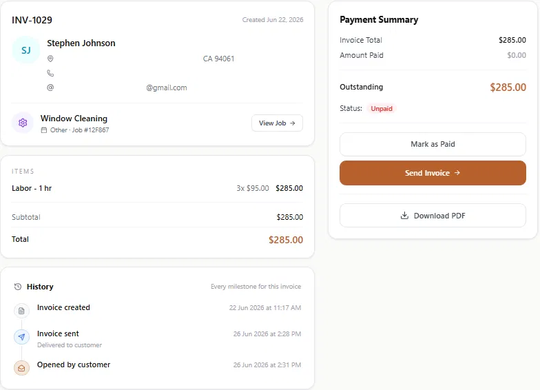 A CashWrench invoice record numbered INV-1029 showing the customer, the linked window cleaning job, a labour line item of three hours at $95, a $285 total, a payment summary with the outstanding balance and unpaid status, and a history timeline recording when the invoice was created, sent, and opened by the customer
